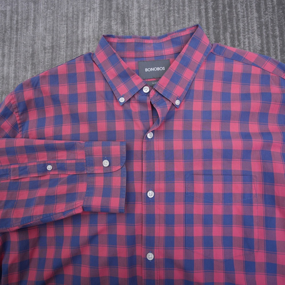 Bonobos Men XL Slim Fit‎ Gingham Check Button Down Shirt Pink Blue Long Sleeve